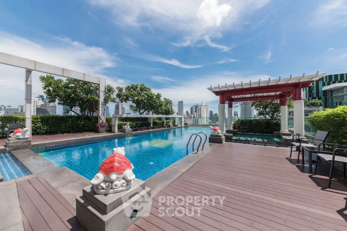 Luxurious rooftop pool with city skyline views and elegant deck area.