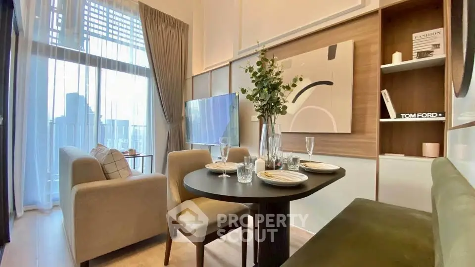 Modern living room with elegant dining area and large windows offering city views.