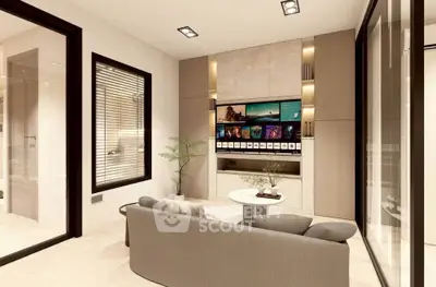 Modern living room with sleek design and built-in entertainment center