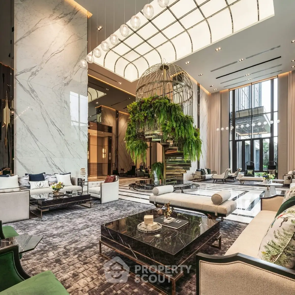Luxurious modern living room with high ceilings, elegant decor, and abundant natural light.