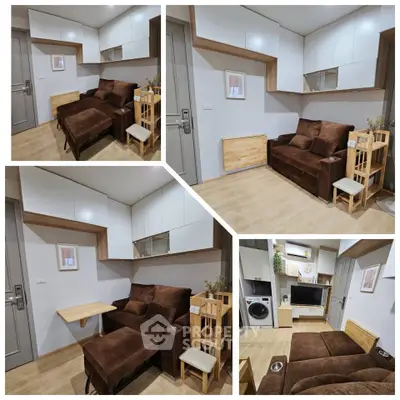 Modern living room with brown sofa, compact dining area, and built-in storage cabinets.