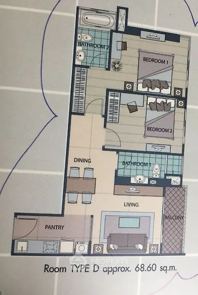 Explore this spacious 68.60 sq.m. apartment layout with two bedrooms, two bathrooms, and a cozy living area.
