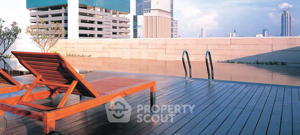 Luxurious rooftop pool with city skyline view and wooden deck chairs.
