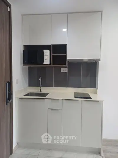 Modern compact kitchen with sleek cabinetry and built-in appliances in a stylish apartment.