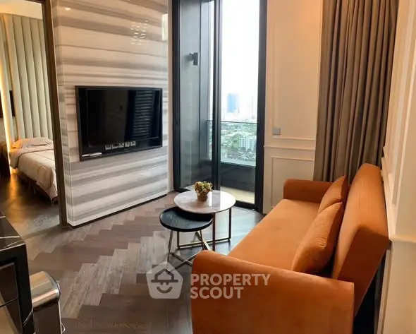 Modern living room with city view and stylish decor