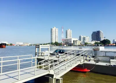 Riverside view with modern high-rise buildings and clear blue sky, perfect for urban waterfront living.