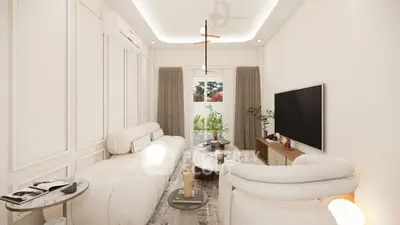 Elegant living room with modern furniture and large window view