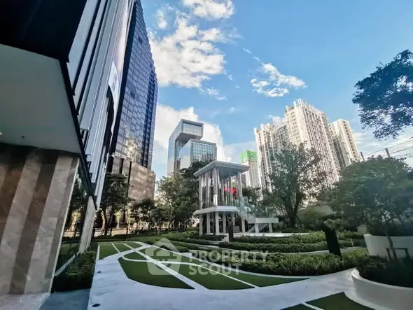 Stunning urban garden view with modern skyscrapers and lush greenery