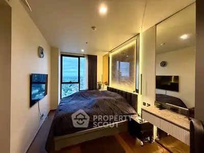 Luxurious bedroom with stunning city view and modern decor
