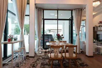Elegant dining area with large windows and stylish decor in modern home