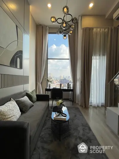 Luxurious living room with high ceiling and stunning city view