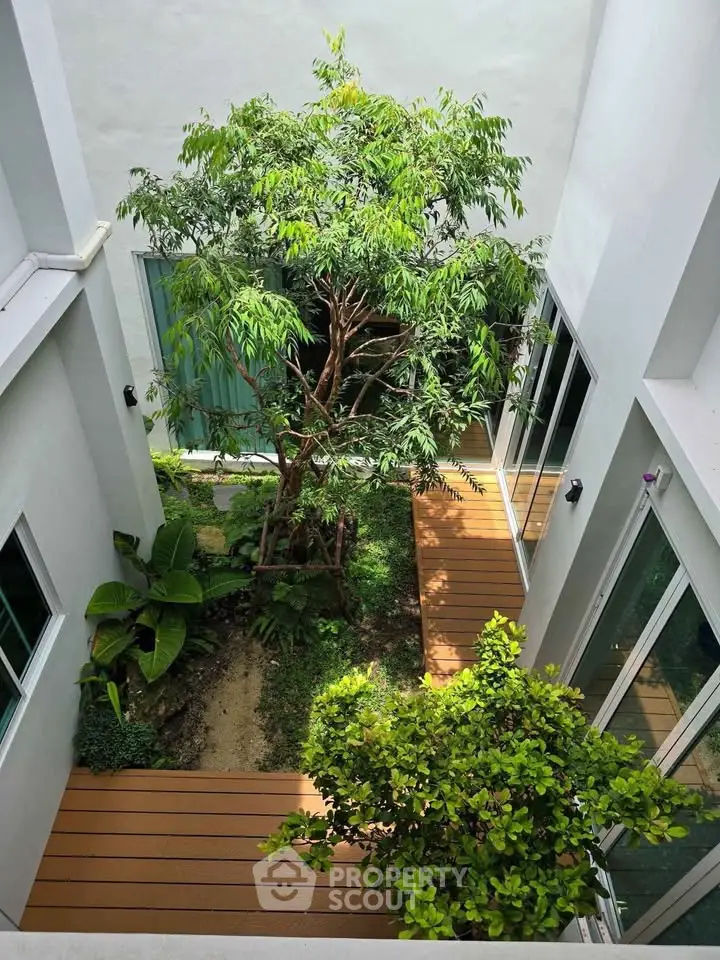 Stunning courtyard garden with lush greenery and modern wooden decking in a contemporary building.