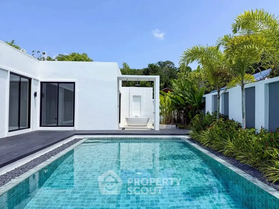 Luxurious modern villa with private pool and lush garden, perfect for relaxation and entertaining.