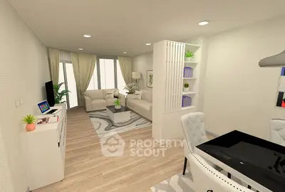 Modern open-plan living room with elegant decor and natural light