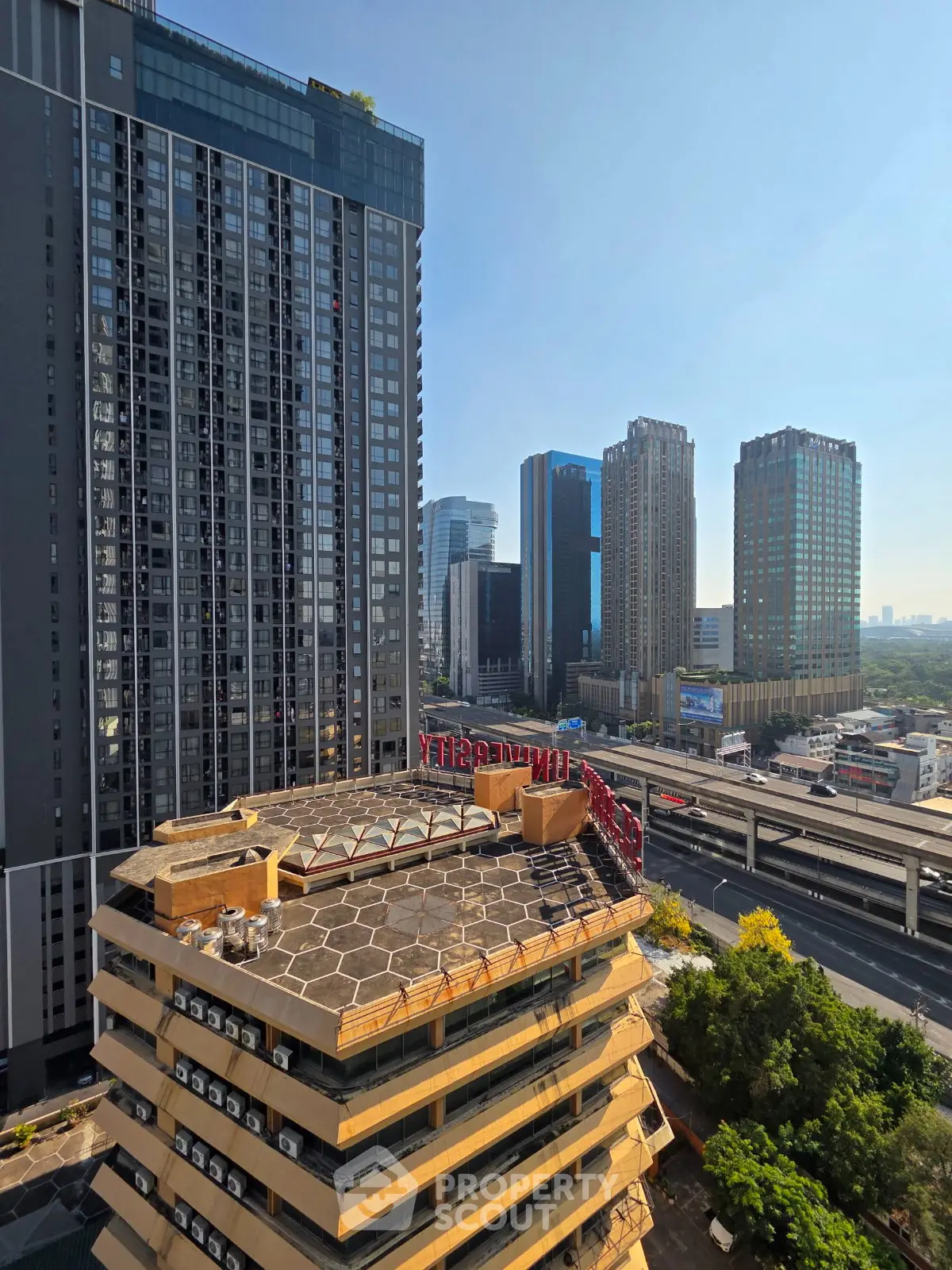 Stunning urban skyline view from high-rise building with modern architecture and cityscape panorama.