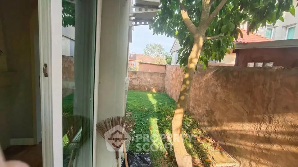 Charming backyard with lush greenery and tree, perfect for outdoor relaxation and gardening.