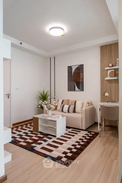 Modern living room with stylish decor and cozy seating area
