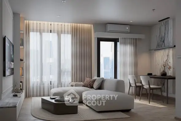 Modern living room with stylish furniture and large windows offering city views.