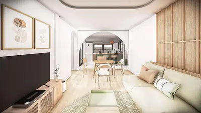 Modern open-plan living room with stylish decor and natural light