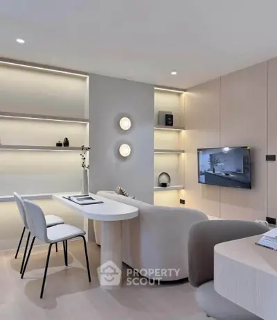 Modern living room with sleek furniture and built-in shelves, perfect for contemporary urban living.