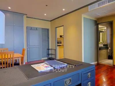 Spacious apartment interior with modern dining area and open layout