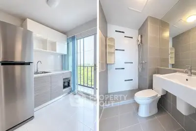 Modern kitchen and bathroom with sleek design and natural light.
