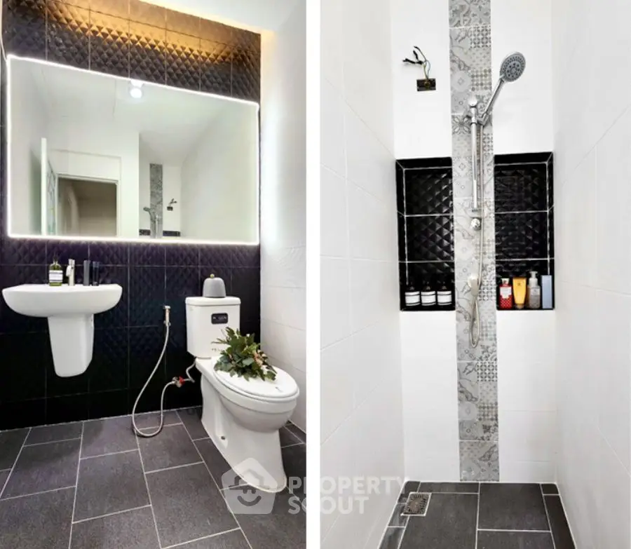 Modern bathroom with sleek design, featuring a stylish shower and elegant fixtures.