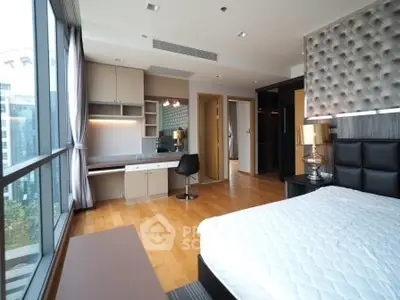 Luxurious modern bedroom with city view and elegant furnishings