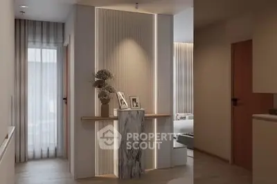 Elegant modern interior with stylish decor and soft lighting, showcasing a cozy living space.