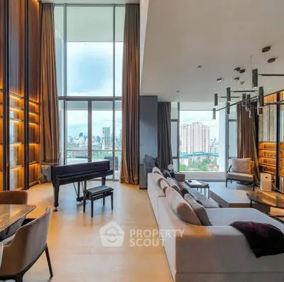 Luxurious high-rise living room with grand piano and stunning city view