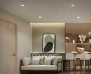 Modern living room with stylish decor and open kitchen layout