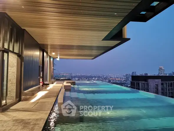 Luxurious rooftop infinity pool with stunning city skyline view at dusk.