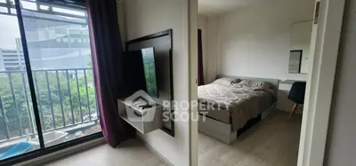 Modern bedroom with balcony view in urban apartment