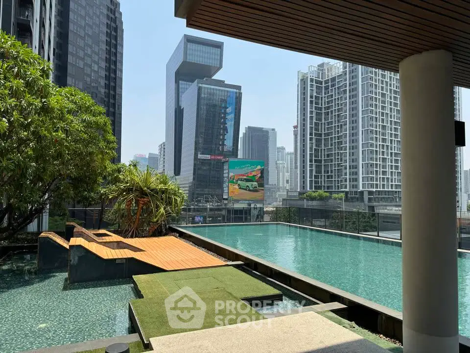 Luxurious rooftop pool with stunning cityscape views in modern urban setting.