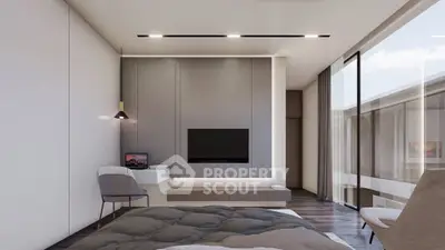 Modern bedroom with sleek design and large windows offering natural light.