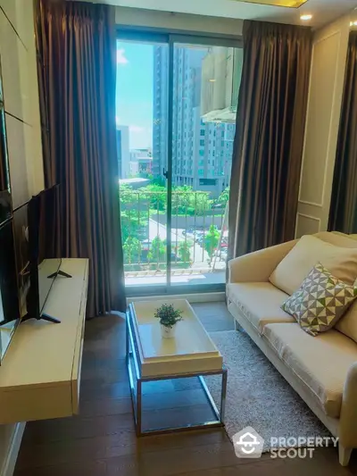 Modern living room with balcony view in urban apartment