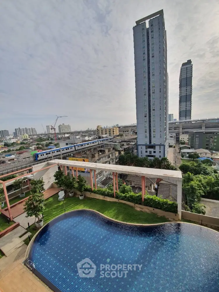 Stunning cityscape view with luxurious rooftop pool and modern high-rise buildings.