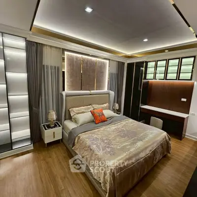 Luxurious modern bedroom with elegant decor and ambient lighting