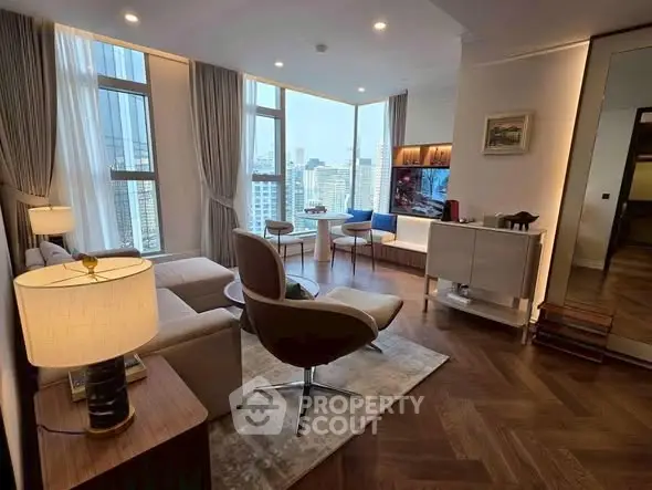 Luxurious modern living room with city view and elegant furnishings