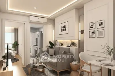 Modern living room with stylish decor and open kitchen layout in a cozy apartment.