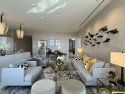 Luxurious modern living room with elegant decor and open kitchen layout
