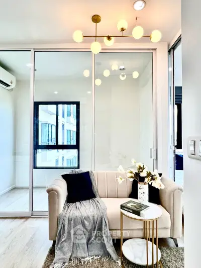 Modern living room with elegant lighting and cozy seating area