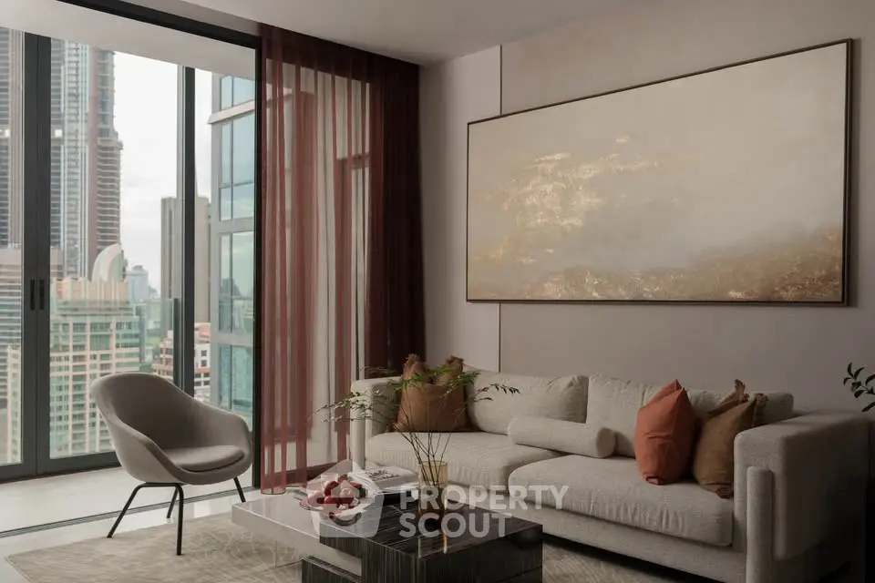 Luxurious modern living room with stunning city view and elegant decor