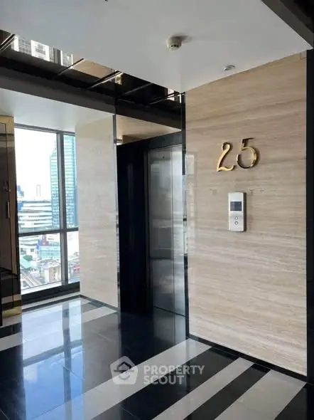 Modern high-rise elevator lobby with city view and sleek design.