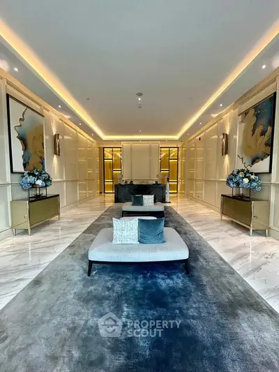 Luxurious modern living room with elegant decor and ambient lighting