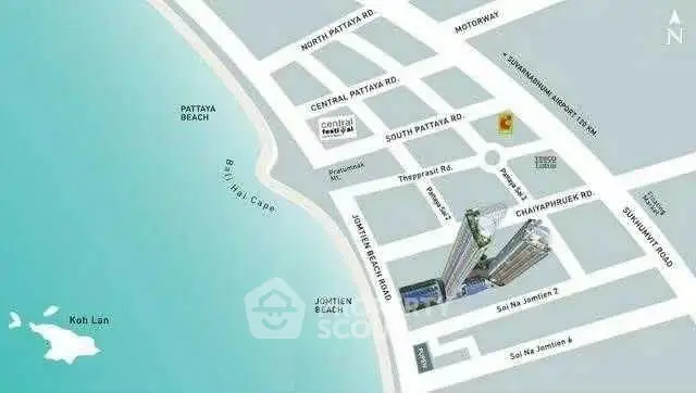 Prime beachfront property map near Pattaya Beach with nearby attractions and roads.