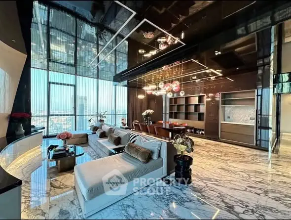 Luxurious modern living room with panoramic city view and elegant marble flooring.