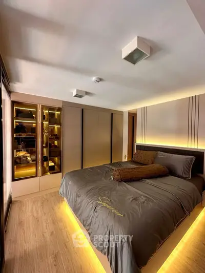 Luxurious bedroom with ambient lighting and modern design