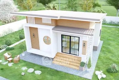 Modern tiny house with stylish exterior and lush garden setting