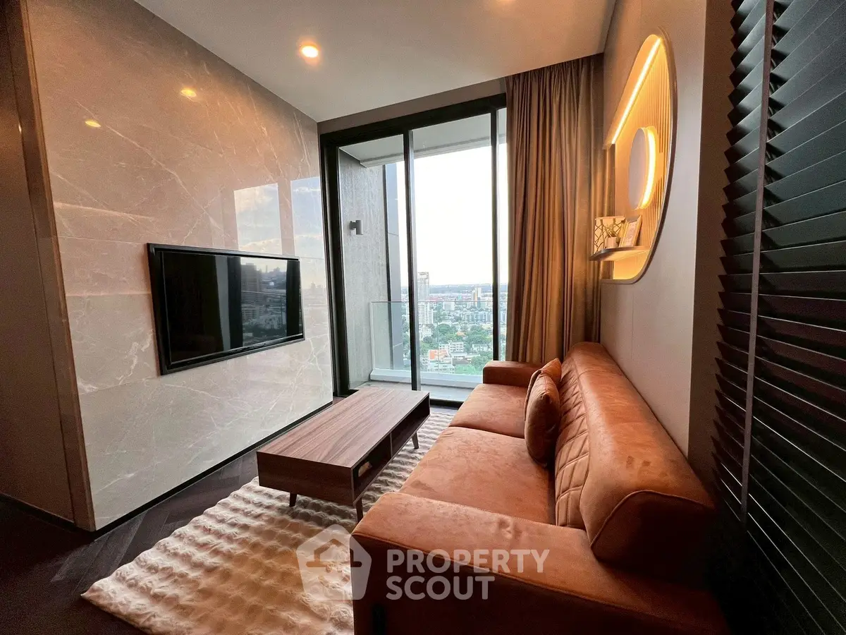 Modern living room with city view, stylish sofa, and wall-mounted TV